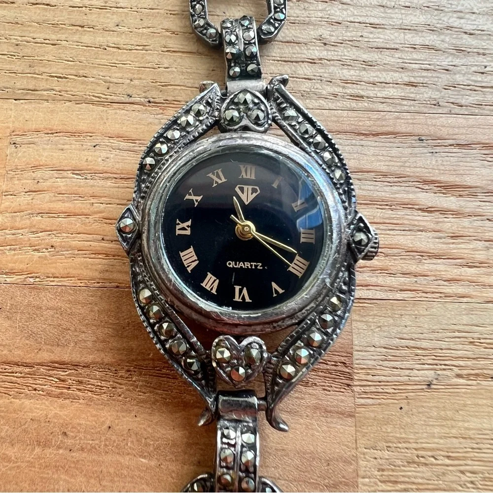 Vintage Sterling silver marcasite Art Deco ladies cocktail watch NEW BATTERY